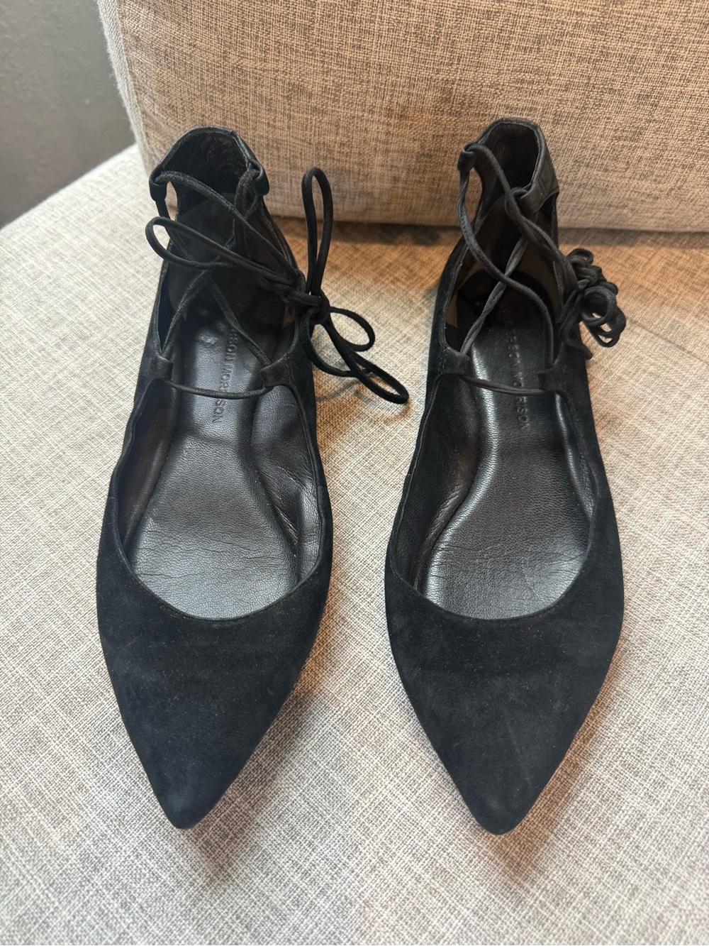 Sigerson Morrison Black Suede Lace-Up Pointed Toe Flats